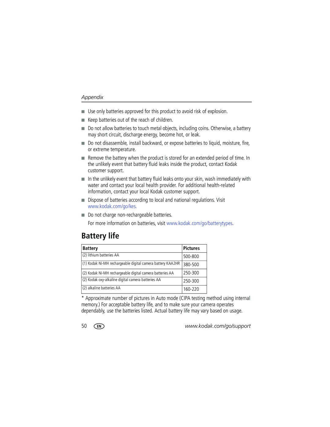 Kodak C1013 manual Battery life, Do not charge non-rechargeable batteries, Battery Pictures 