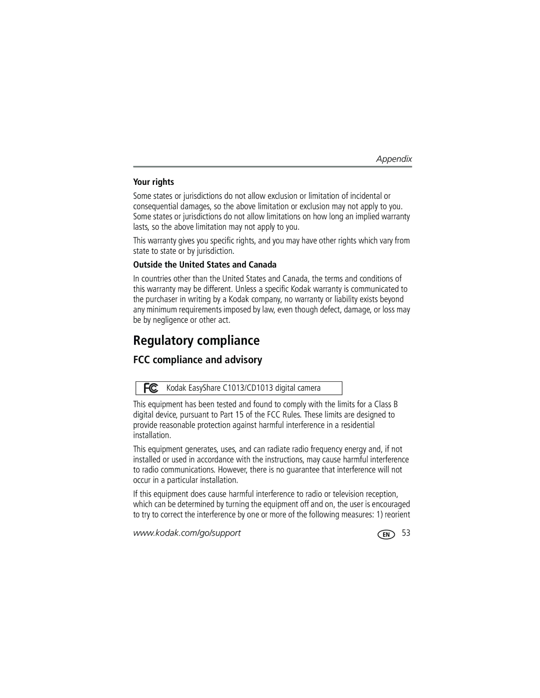 Kodak C1013 manual Regulatory compliance, FCC compliance and advisory, Your rights, Outside the United States and Canada 