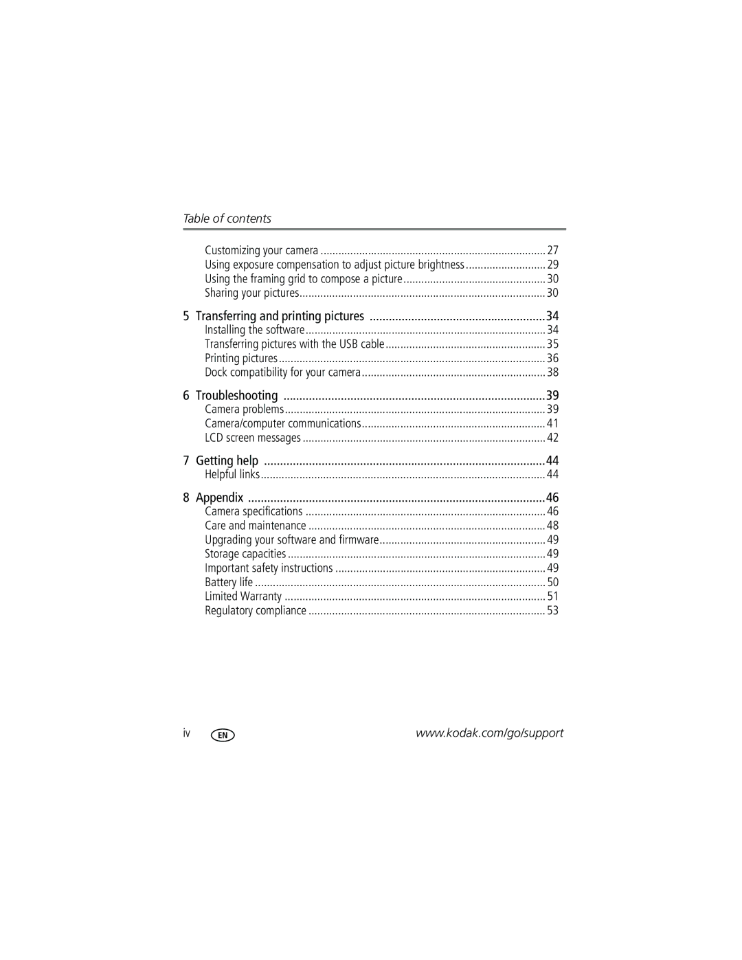 Kodak C1013 manual Table of contents 