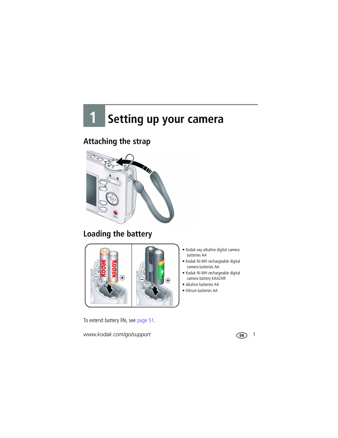 Kodak C1013 manual Attaching the strap Loading the battery, To extend battery life, see 