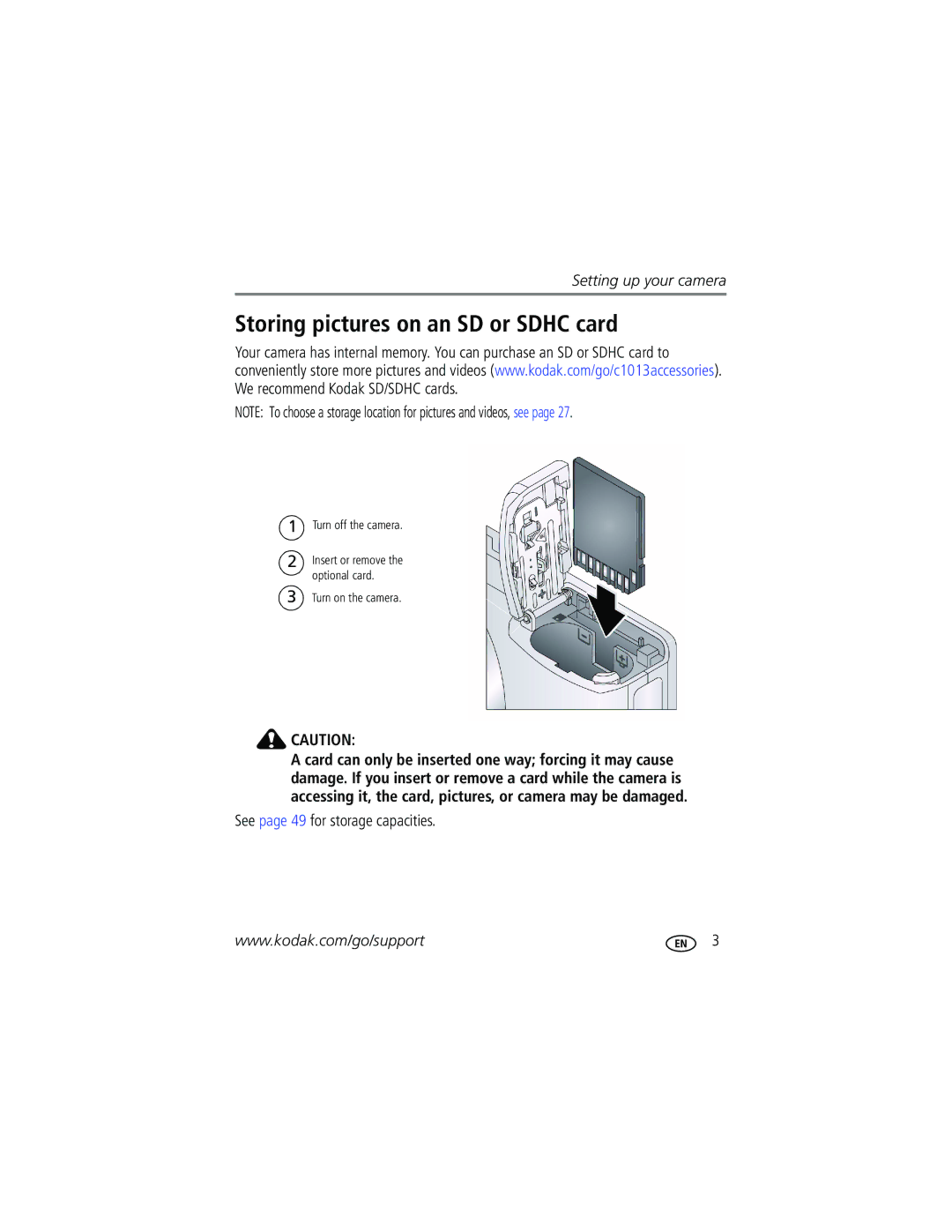 Kodak C1013 manual Storing pictures on an SD or Sdhc card, See page 49 for storage capacities 