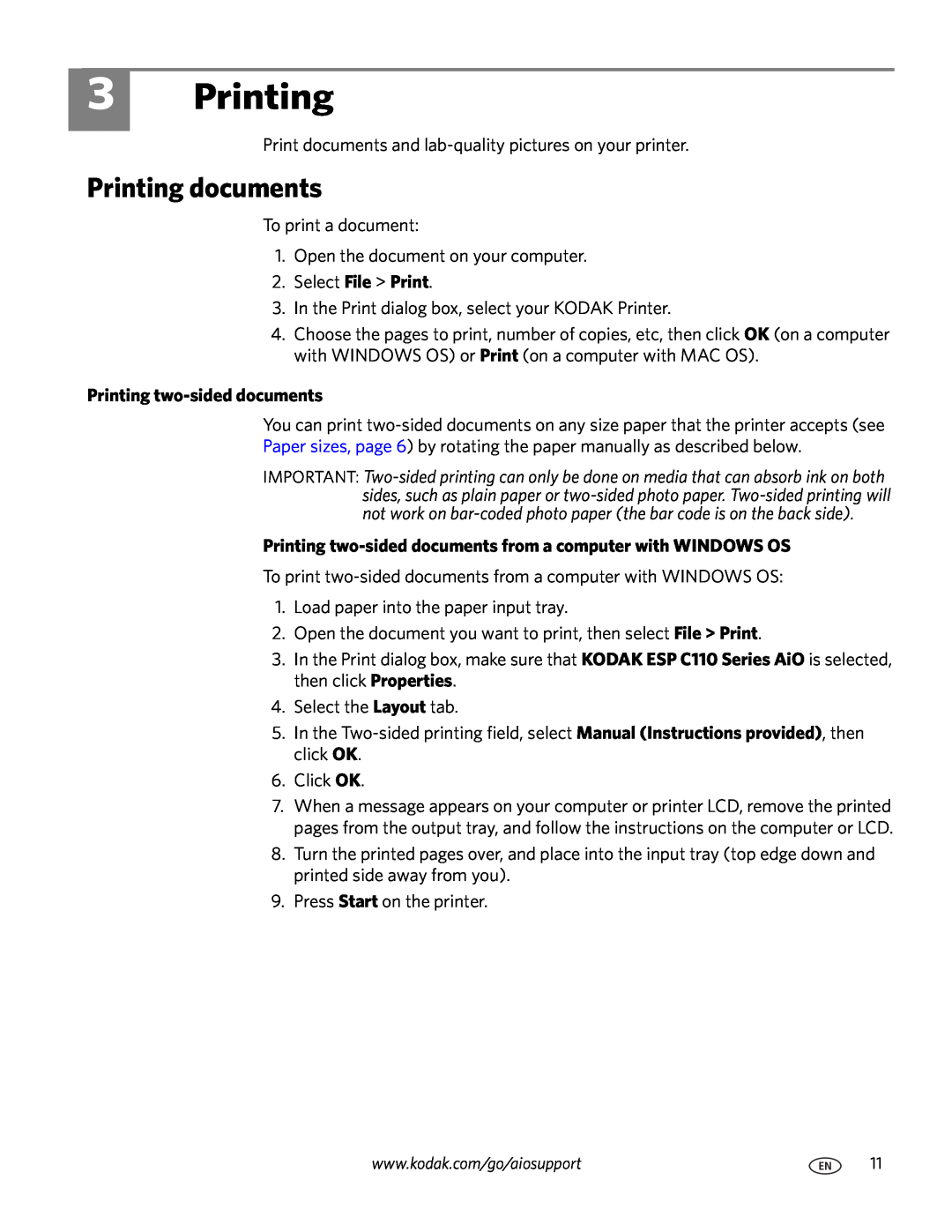 Kodak C110 manual Printing documents, Printing two-sided documents 