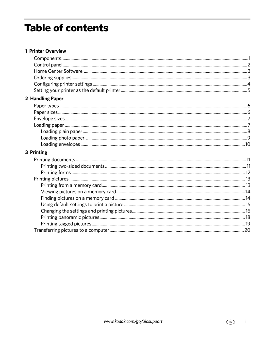 Kodak C110 manual Table of contents, Printer Overview, Handling Paper, Printing 