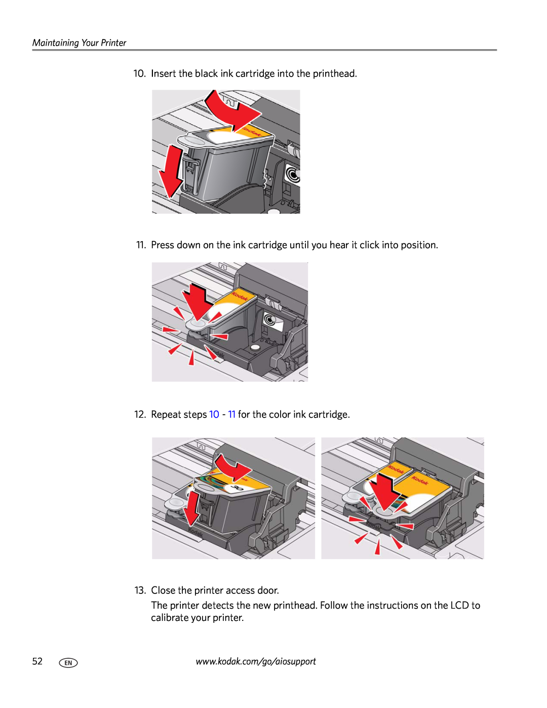 Kodak C110 manual Insert the black ink cartridge into the printhead, Repeat steps 10 - 11 for the color ink cartridge 