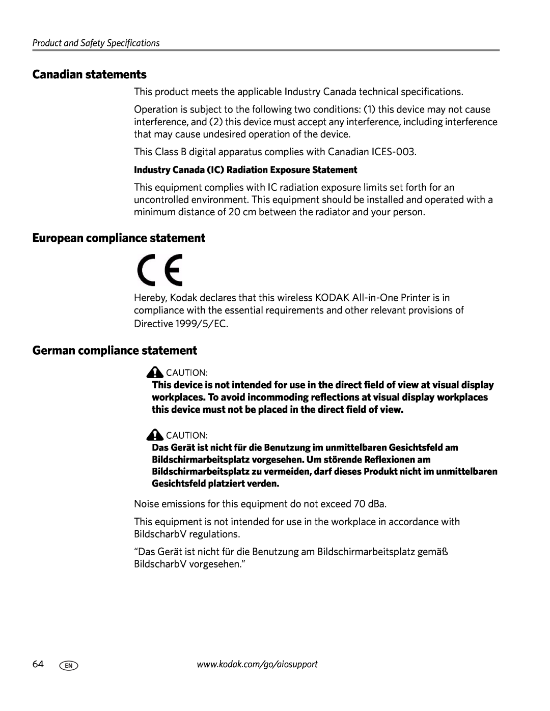 Kodak C110 manual Canadian statements, European compliance statement, German compliance statement 