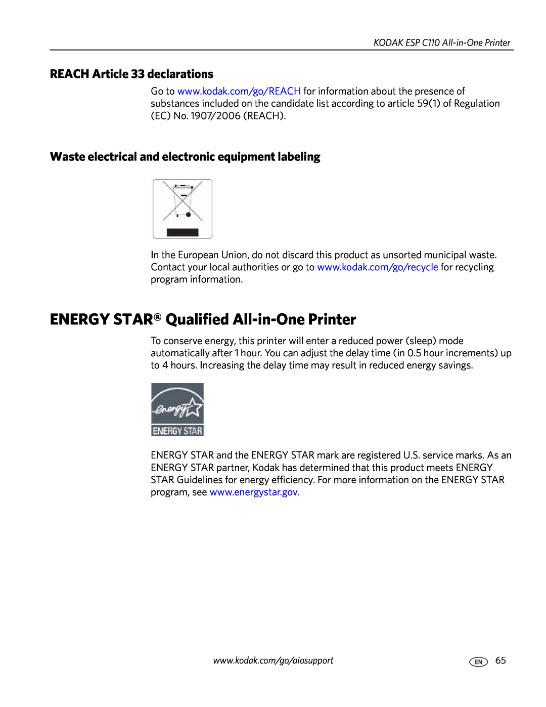Kodak C110 manual ENERGY STAR Qualified All-in-One Printer, REACH Article 33 declarations 