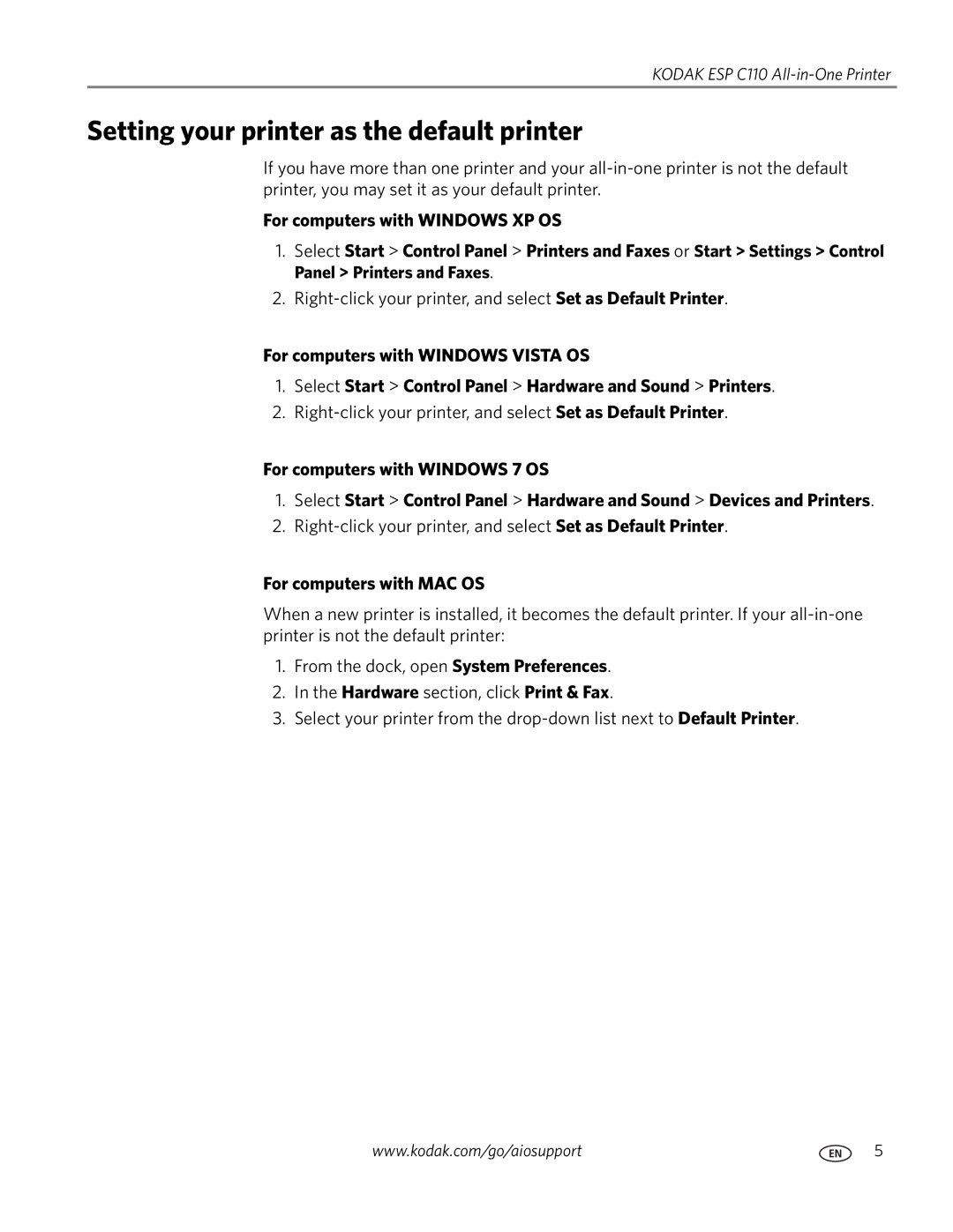 Kodak C110 manual Setting your printer as the default printer, For computers with Windows XP OS, For computers with MAC OS 