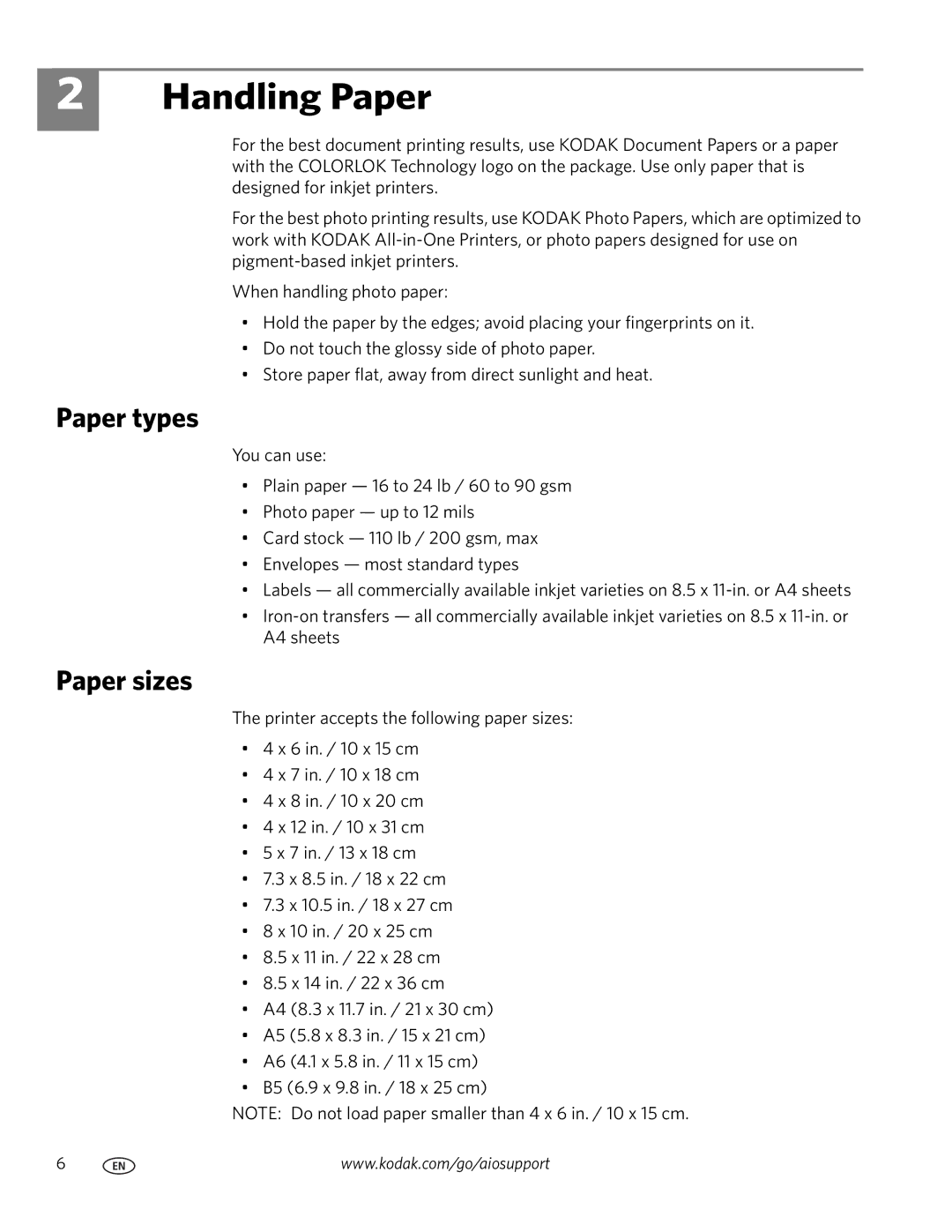 Kodak C110 manual Handling Paper, Paper types, Paper sizes 