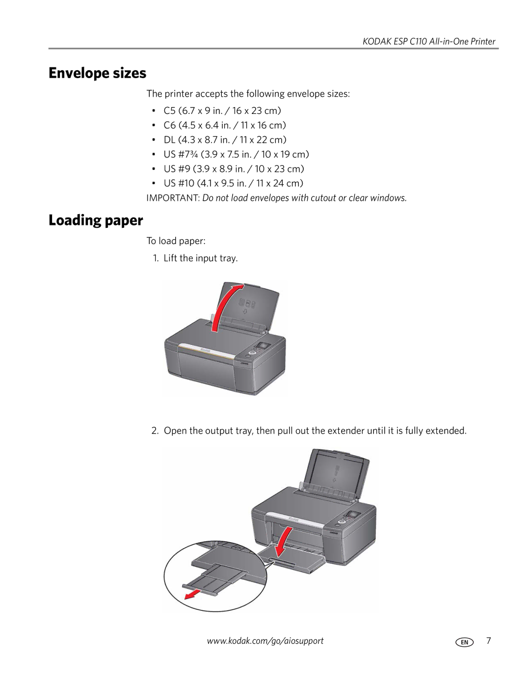 Kodak C110 manual Envelope sizes, Loading paper 