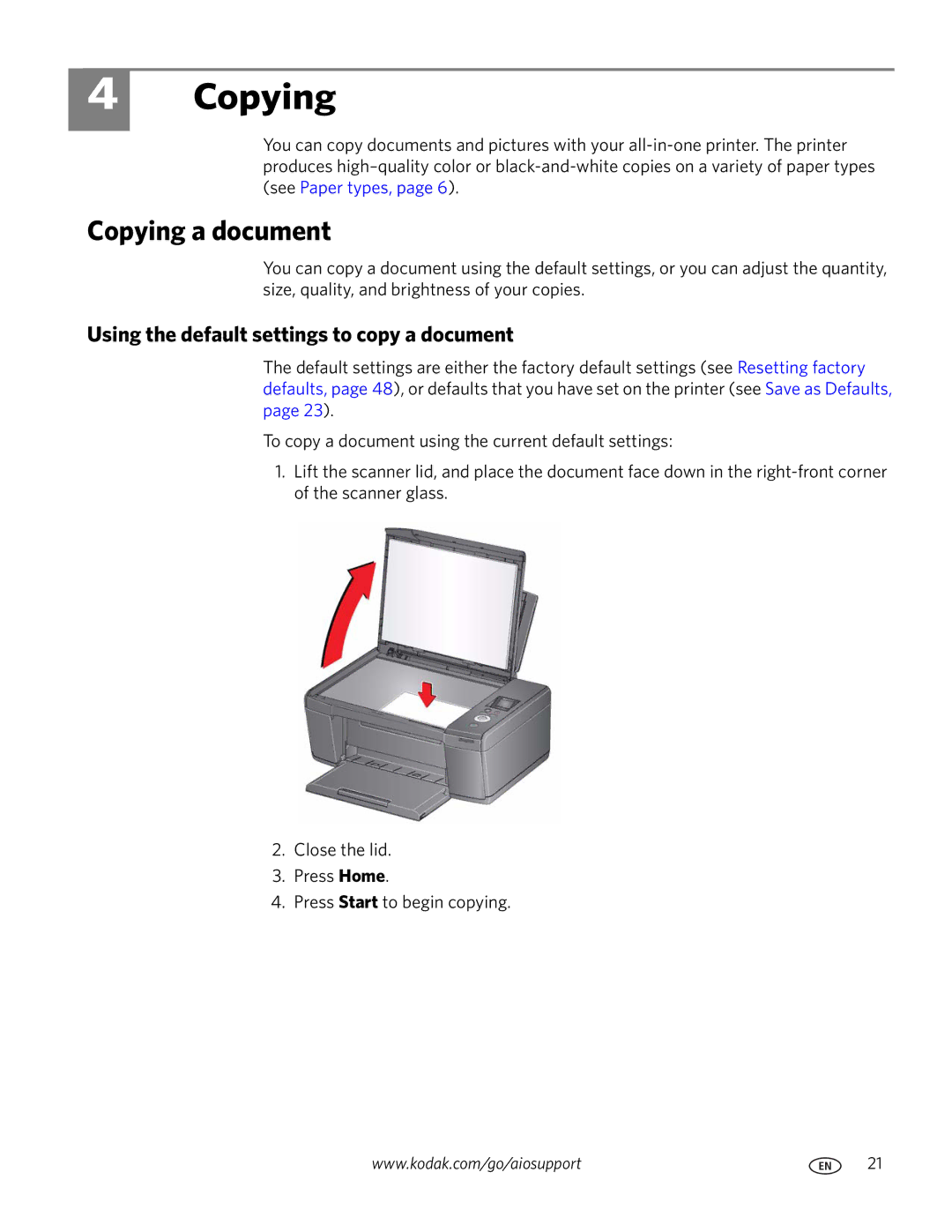 Kodak C110 manual Copying a document, Using the default settings to copy a document 