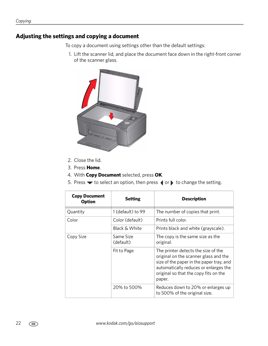 Kodak C110 manual Adjusting the settings and copying a document, Copy Document Setting Description 