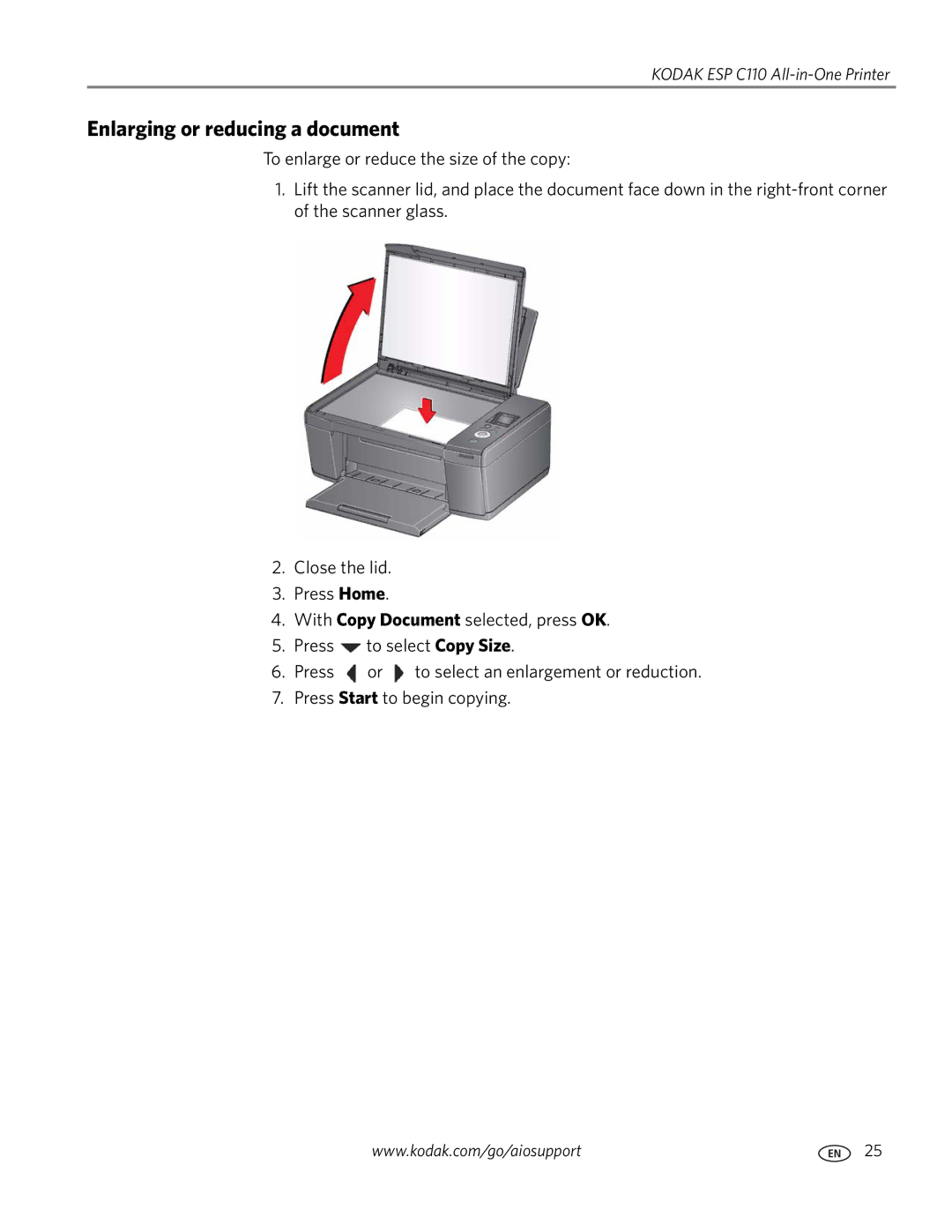 Kodak C110 manual Enlarging or reducing a document 