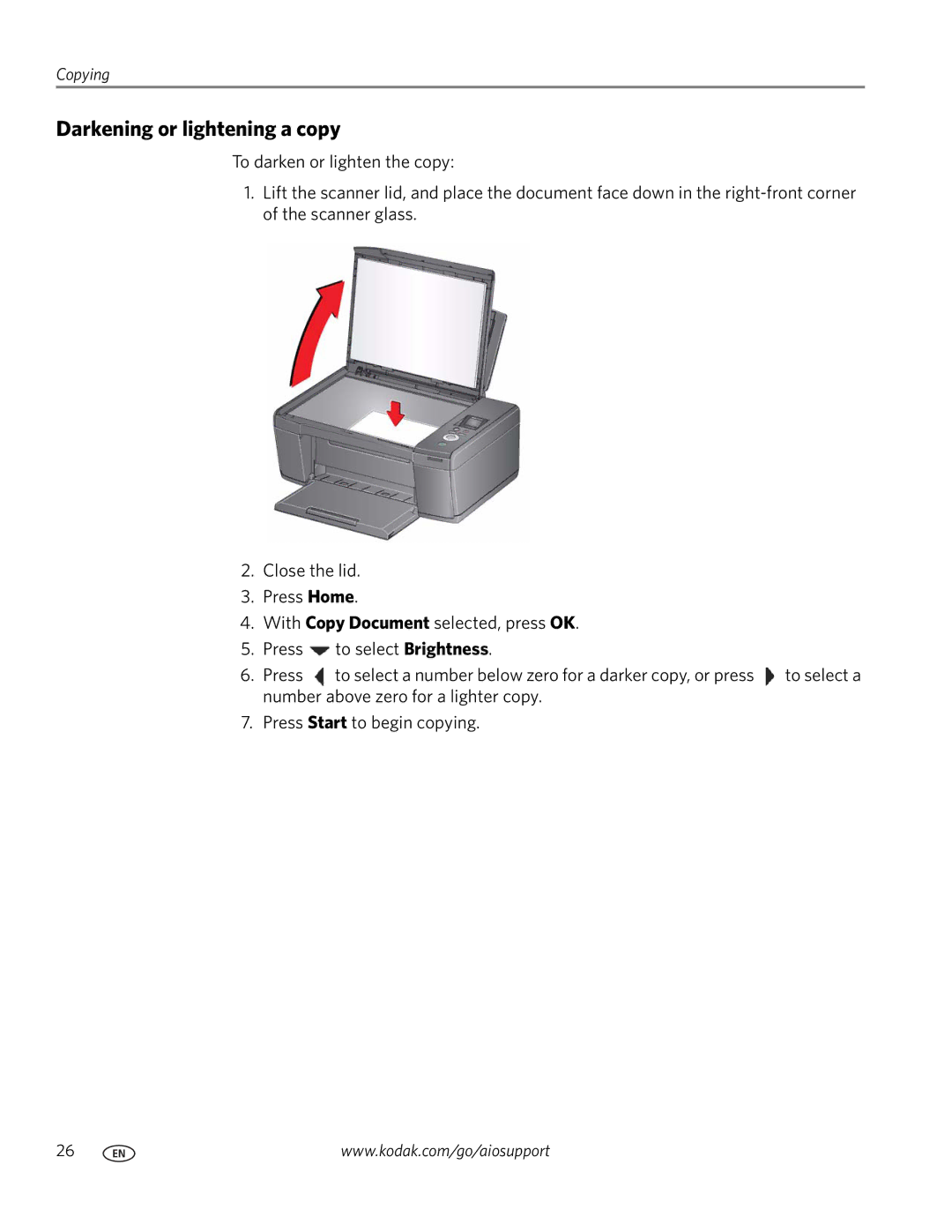 Kodak C110 manual Darkening or lightening a copy 