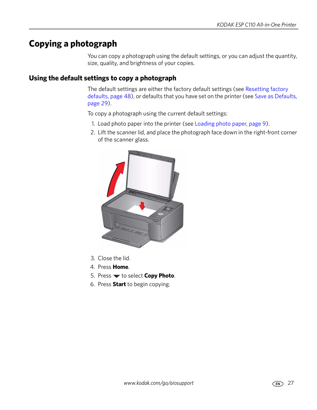 Kodak C110 manual Copying a photograph, Using the default settings to copy a photograph 