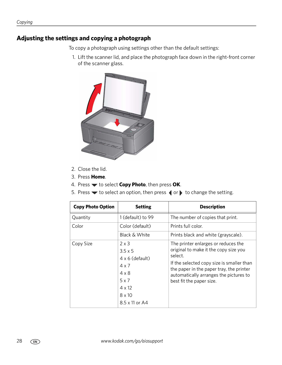 Kodak C110 manual Adjusting the settings and copying a photograph, Copy Photo Option Setting Description 