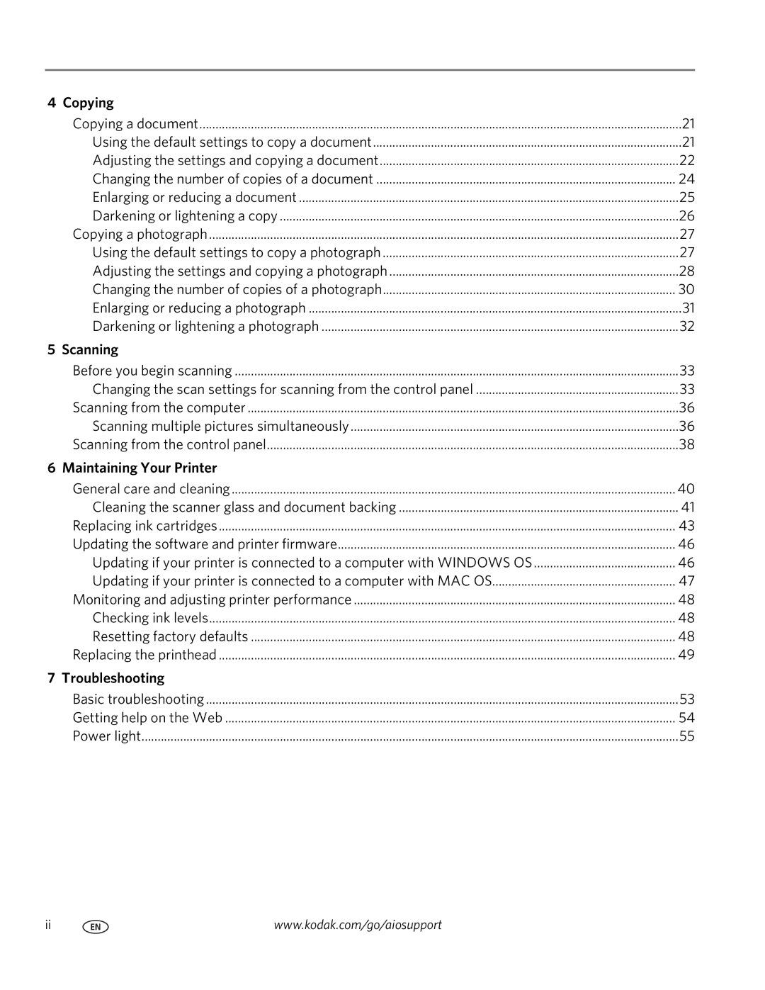 Kodak C110 manual Copying, Scanning, Maintaining Your Printer, Troubleshooting 