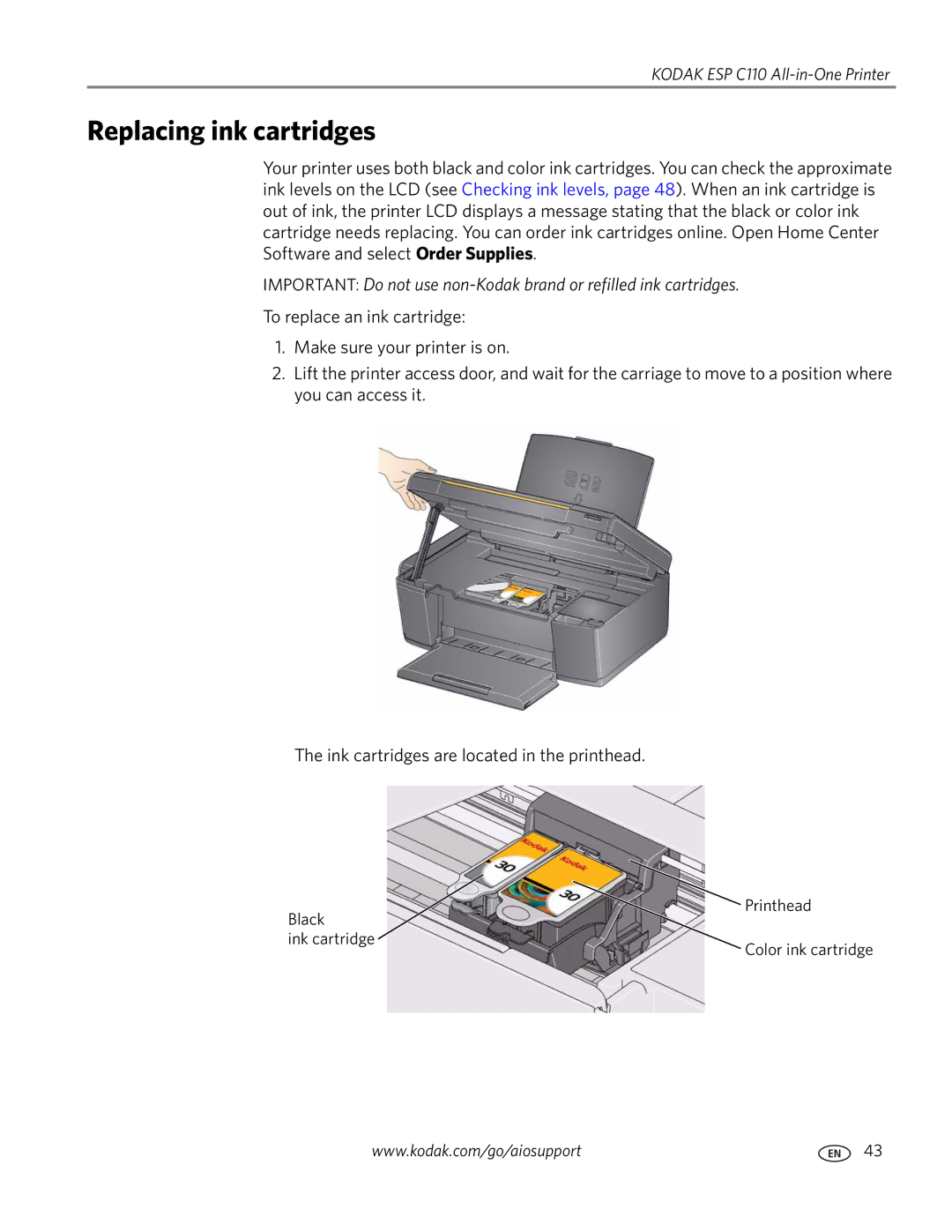 Kodak C110 manual Replacing ink cartridges 