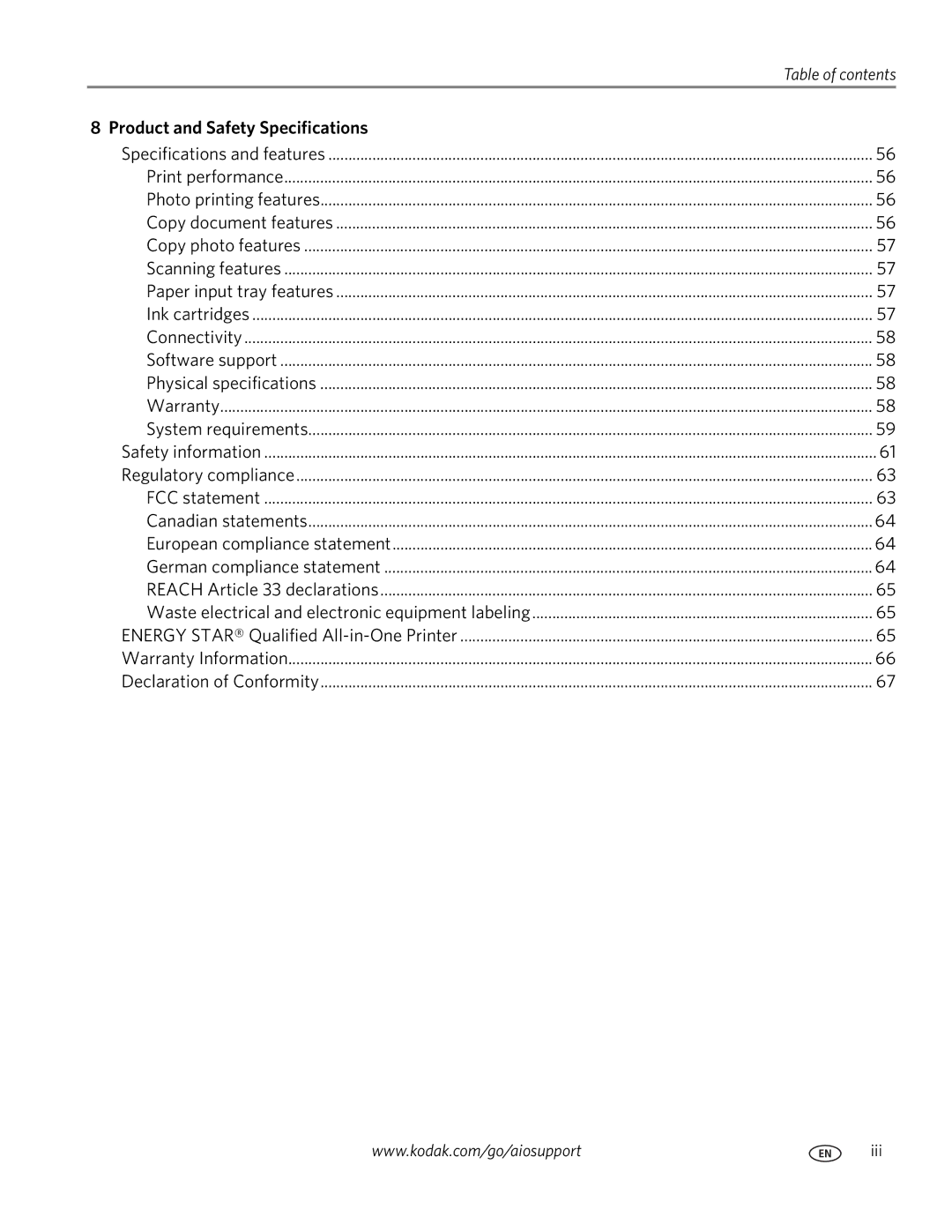 Kodak C110 manual Product and Safety Specifications 