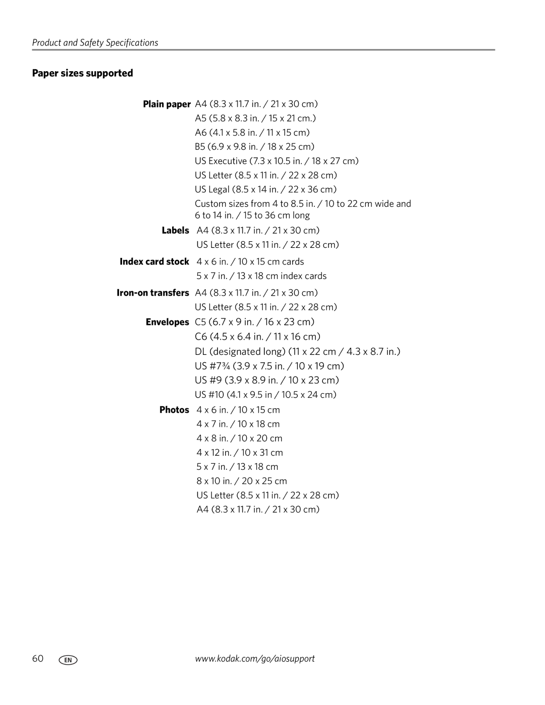 Kodak C110 manual Paper sizes supported 