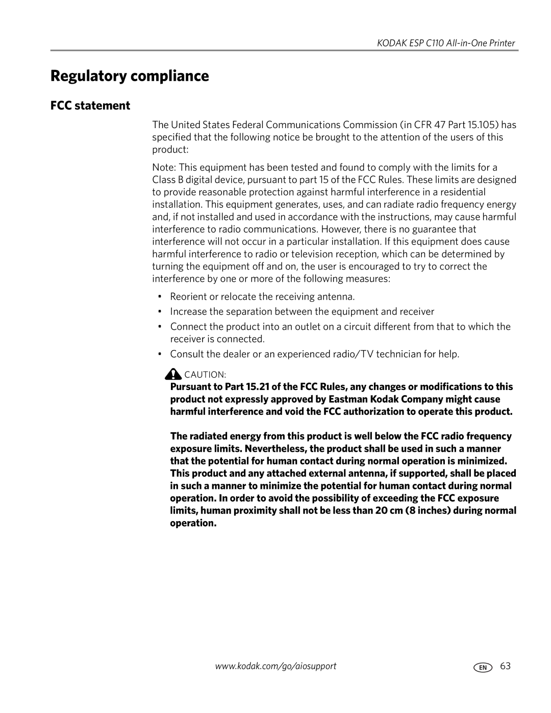 Kodak C110 manual Regulatory compliance, FCC statement 