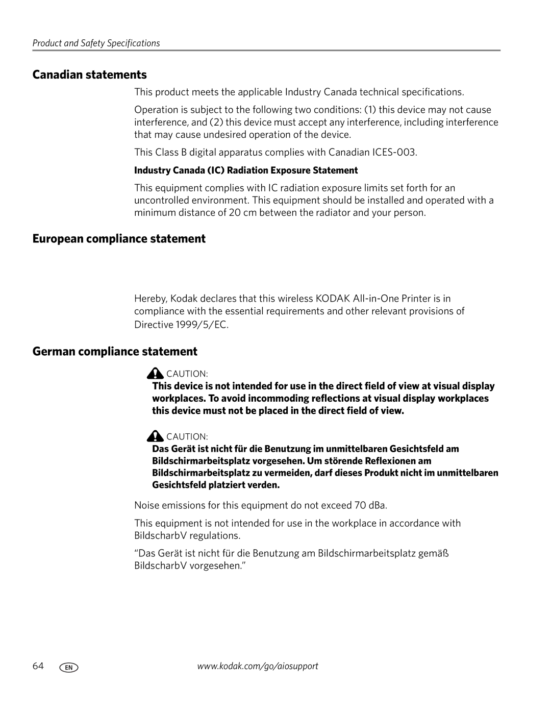 Kodak C110 manual Canadian statements, European compliance statement, German compliance statement 