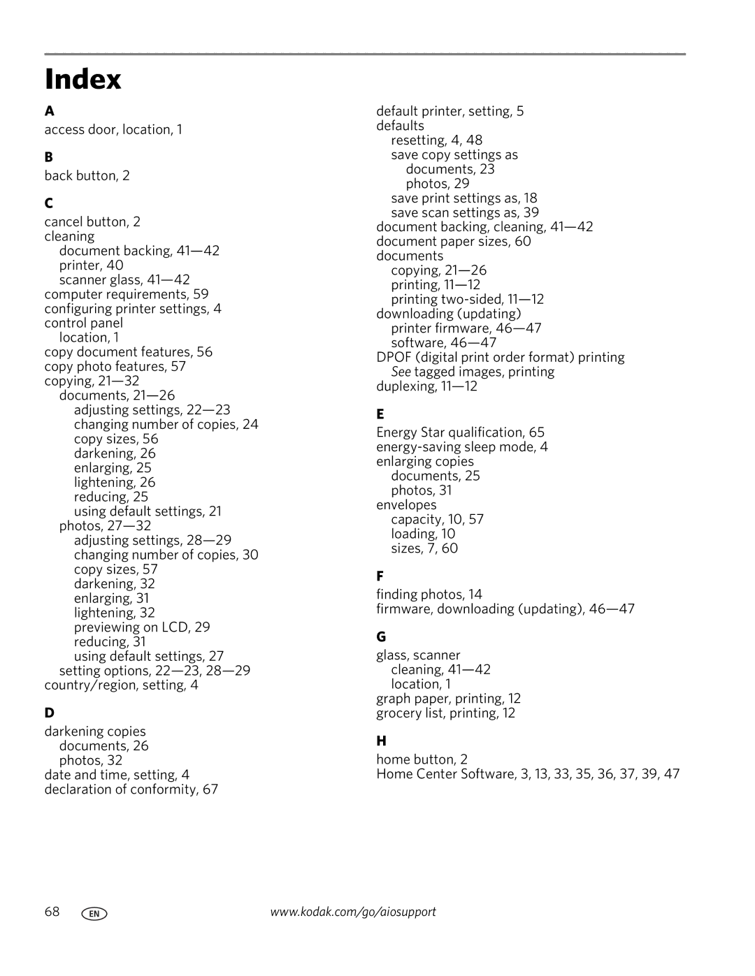 Kodak C110 manual Index 