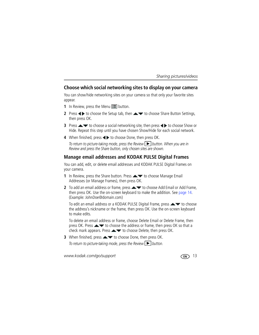 Kodak C122 manual Manage email addresses and Kodak Pulse Digital Frames, When finished, press to choose Done, then press OK 