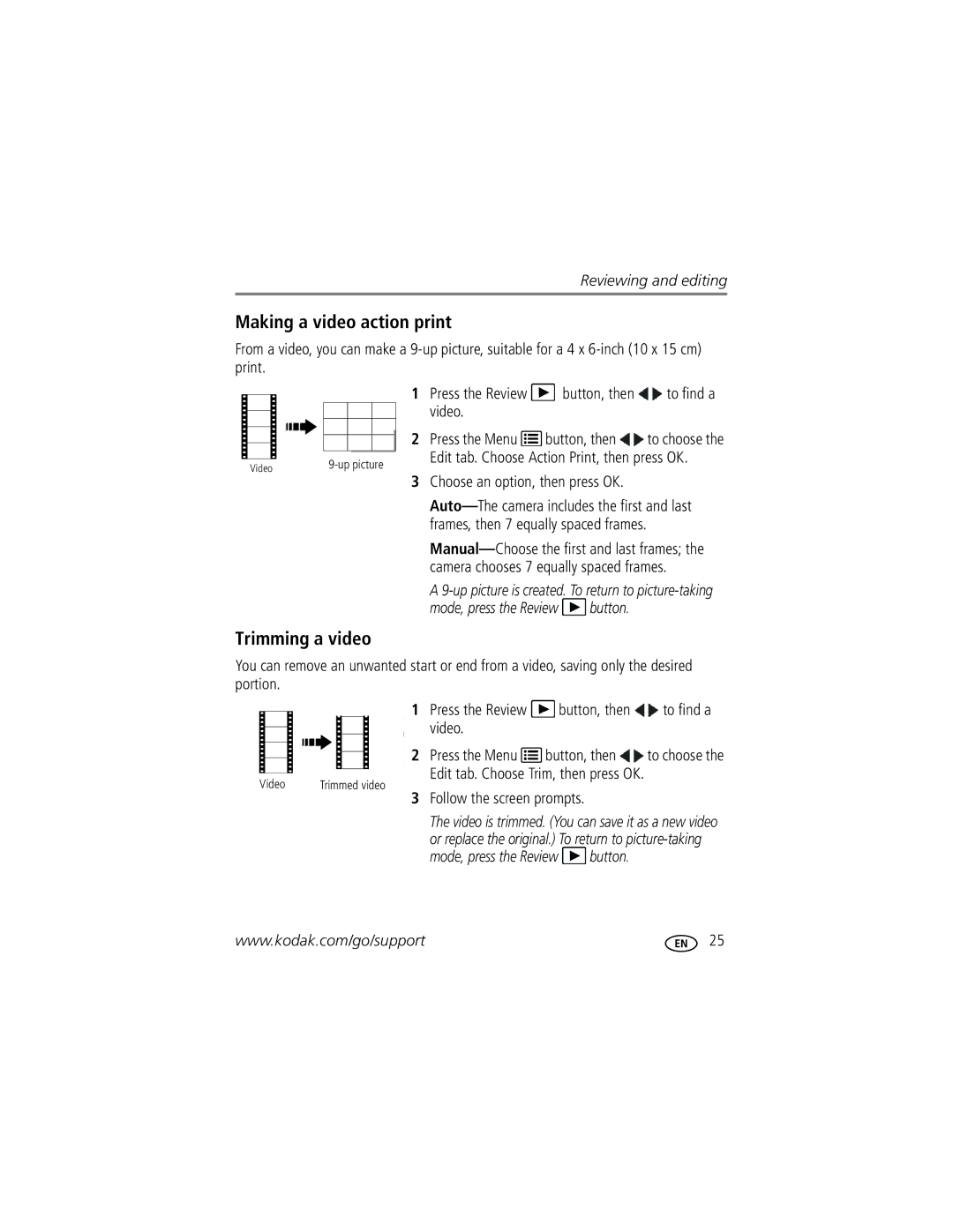 Kodak C122 manual Making a video action print, Trimming a video, Press the Review Button, then, Video 