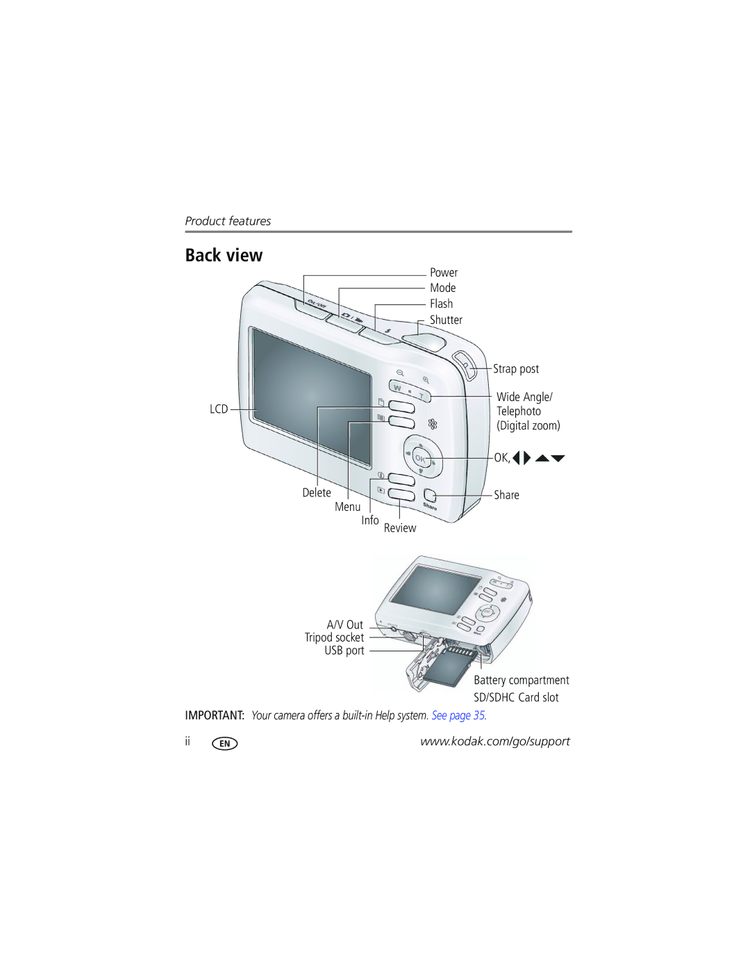 Kodak C122 manual Back view, Share Battery compartment SD/SDHC Card slot 