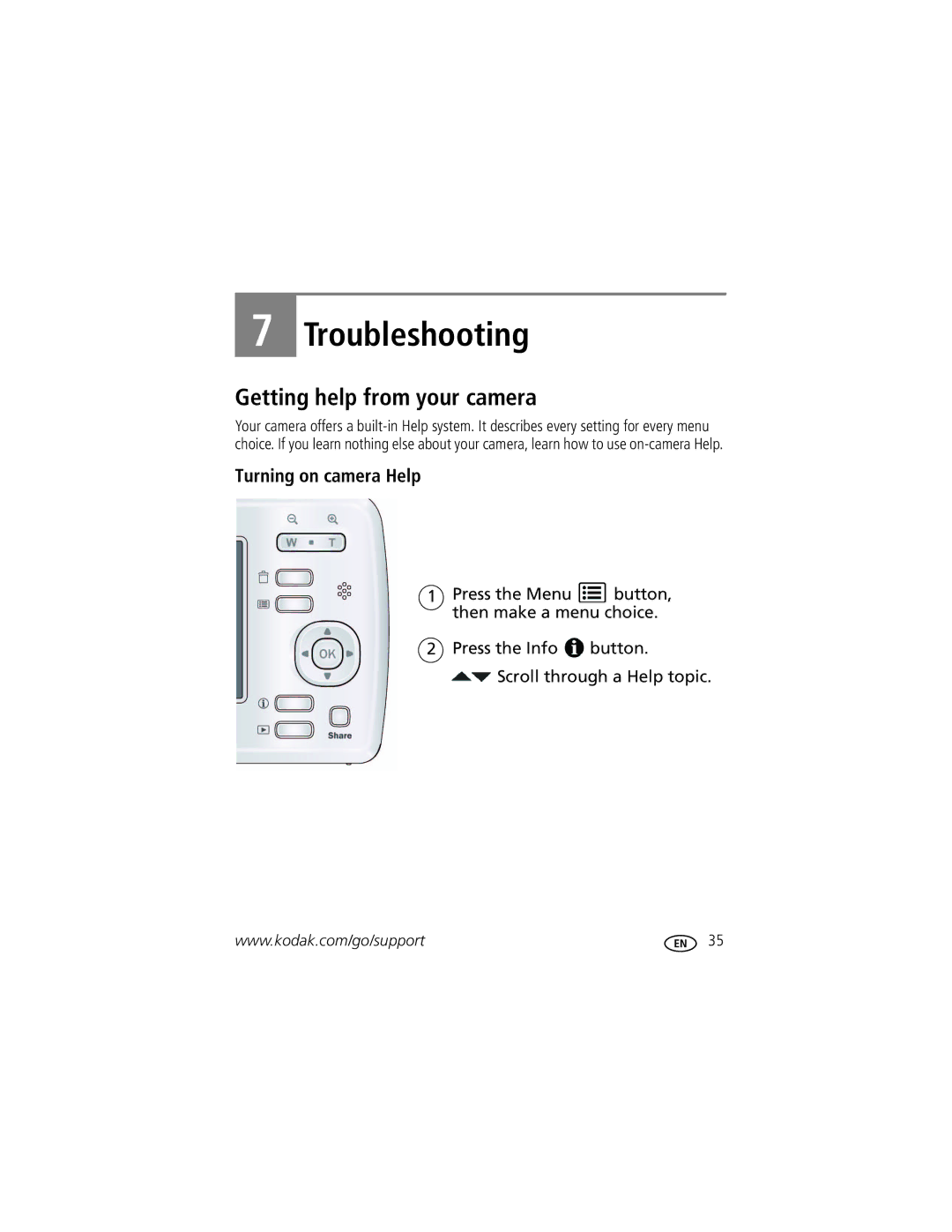 Kodak C122 manual Troubleshooting, Getting help from your camera, Turning on camera Help 