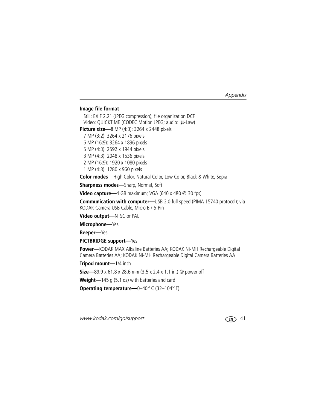 Kodak C122 manual Image file format, Still Exif 2.21 Jpeg compression file organization DCF, Tripod mount-1/4 inch 