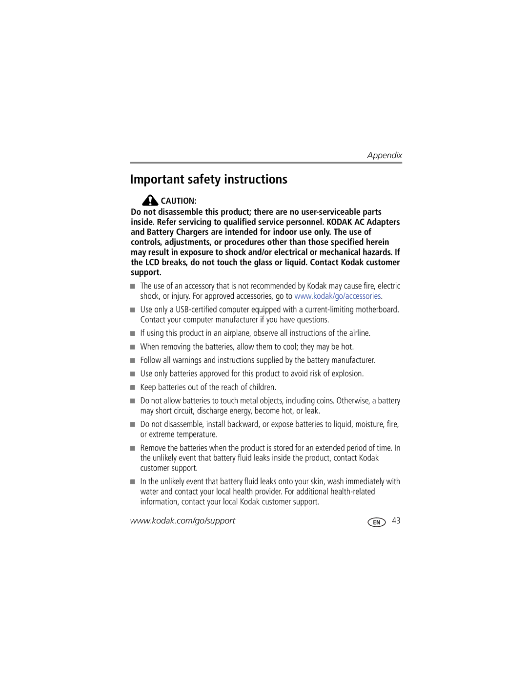 Kodak C122 manual Important safety instructions 