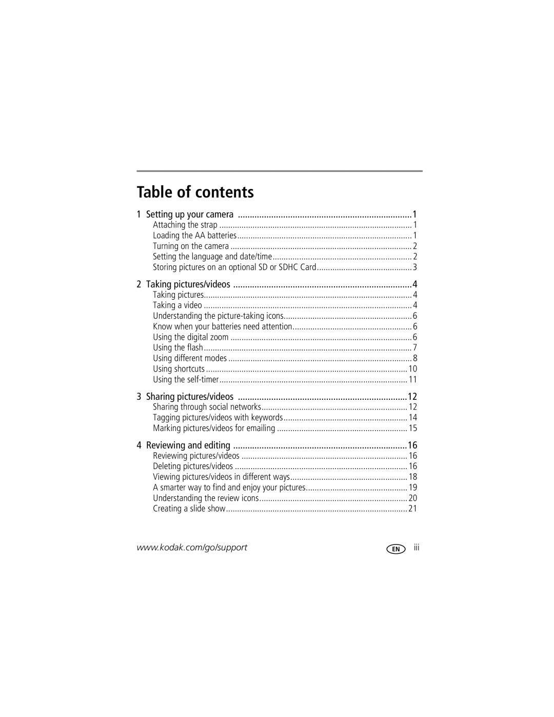 Kodak C122 manual Table of contents 