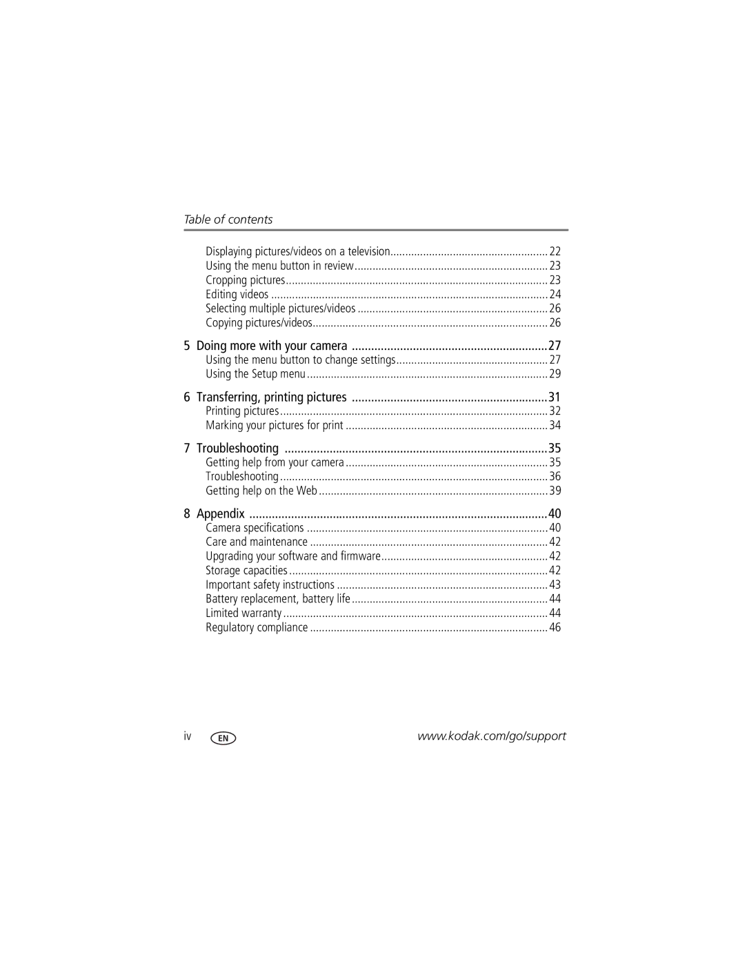 Kodak C122 manual Table of contents 