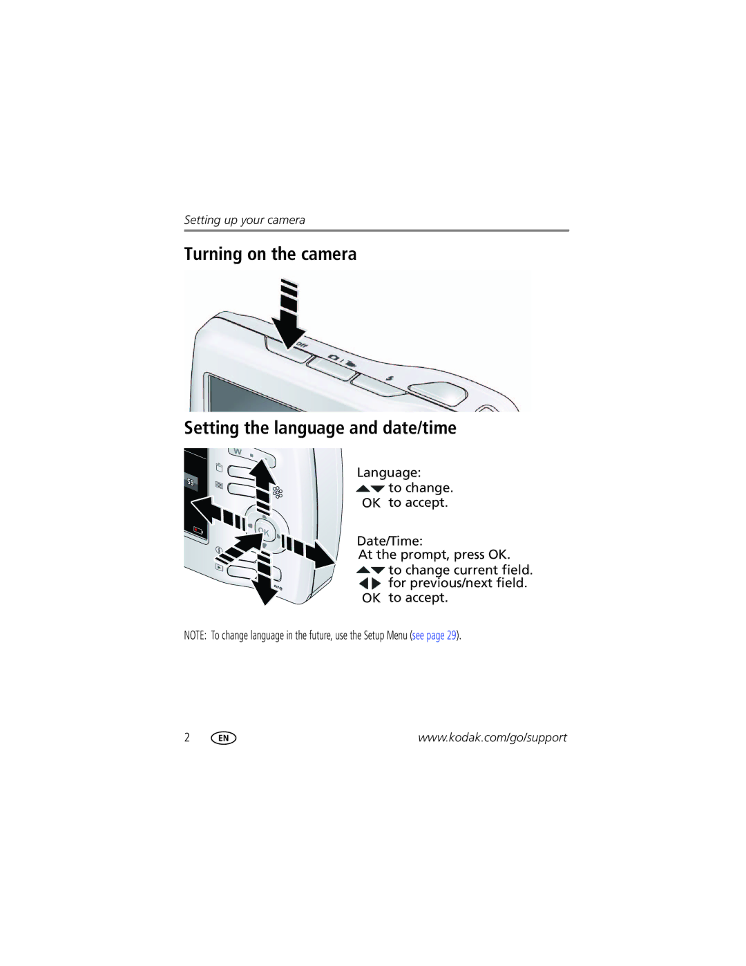 Kodak C122 manual Turning on the camera Setting the language and date/time 