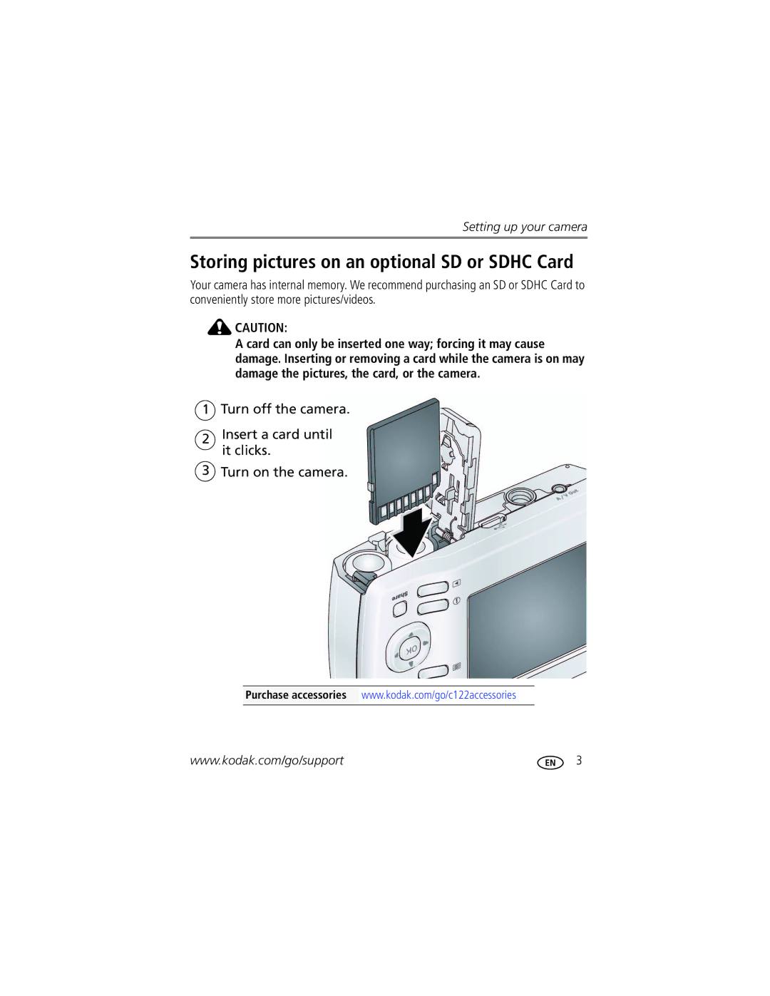 Kodak C122 manual Storing pictures on an optional SD or Sdhc Card 