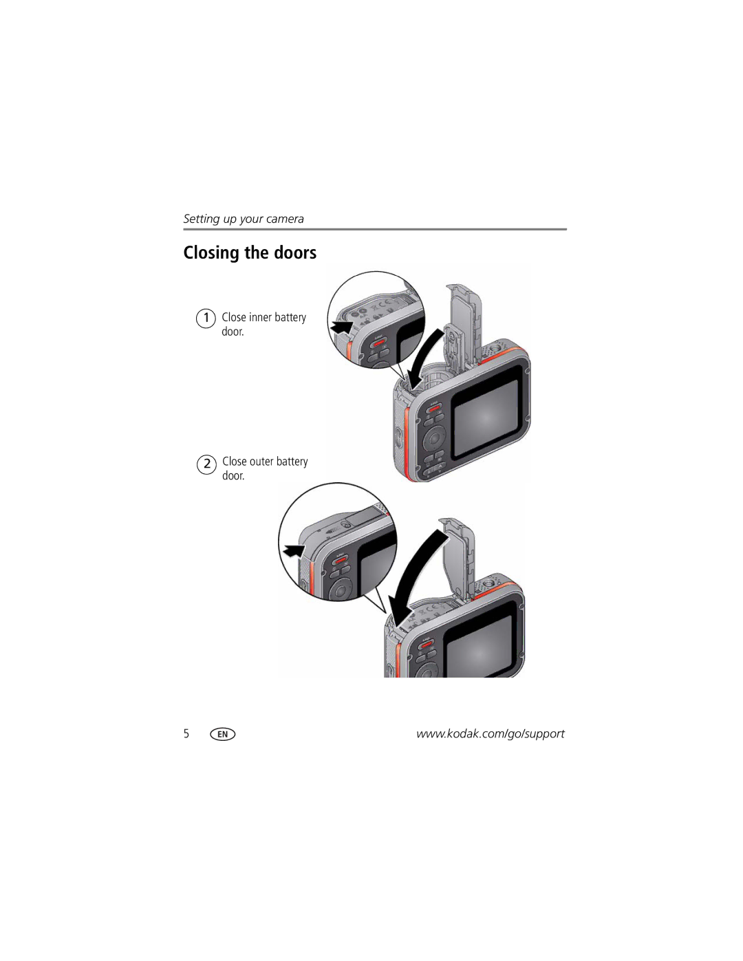 Kodak C135 manual Closing the doors, Close inner battery door Close outer battery door 