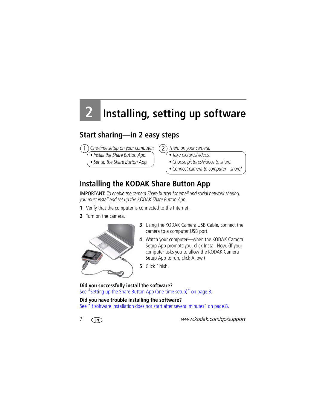Kodak C135 manual Start sharing-in 2 easy steps, Installing the Kodak Share Button App, Click Finish 