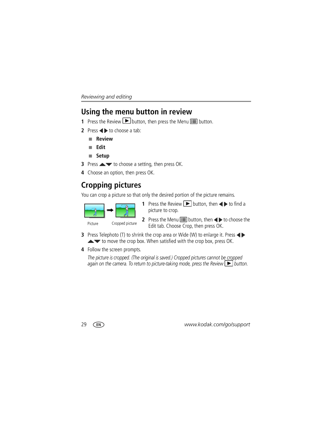 Kodak C135 manual Using the menu button in review, Cropping pictures, Review Edit Setup 