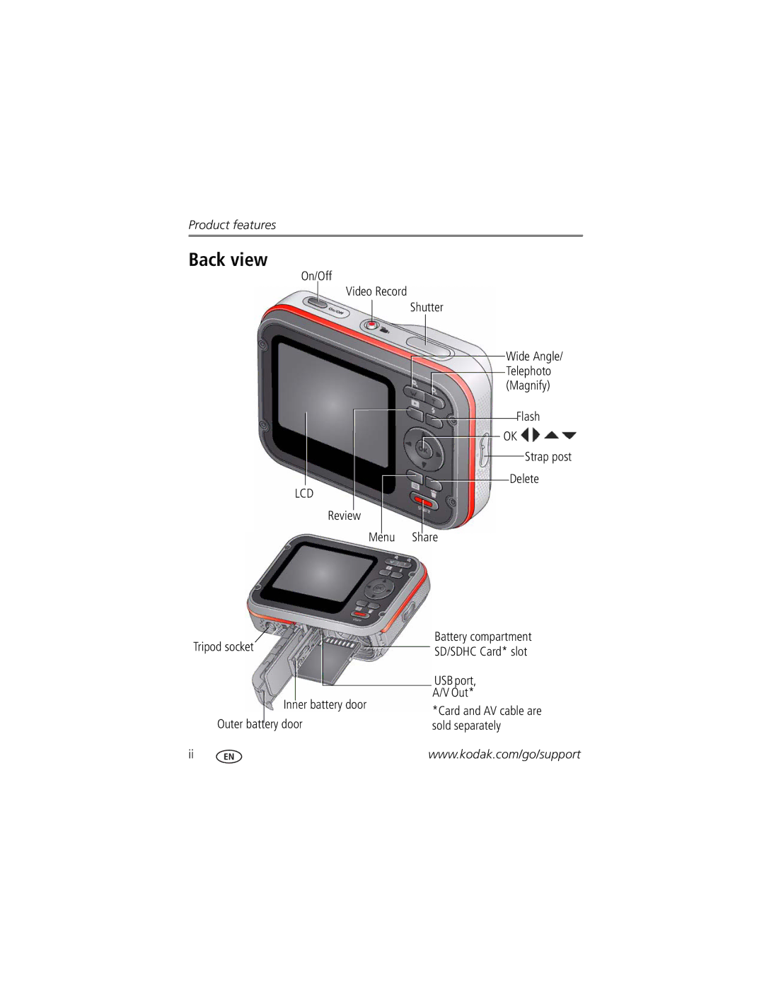 Kodak C135 manual Back view, On/Off Video Record Shutter, Flash Strap post Delete 