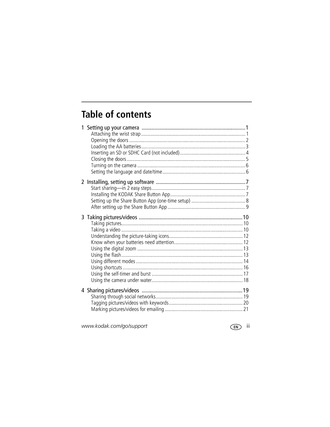 Kodak C135 manual Table of contents 