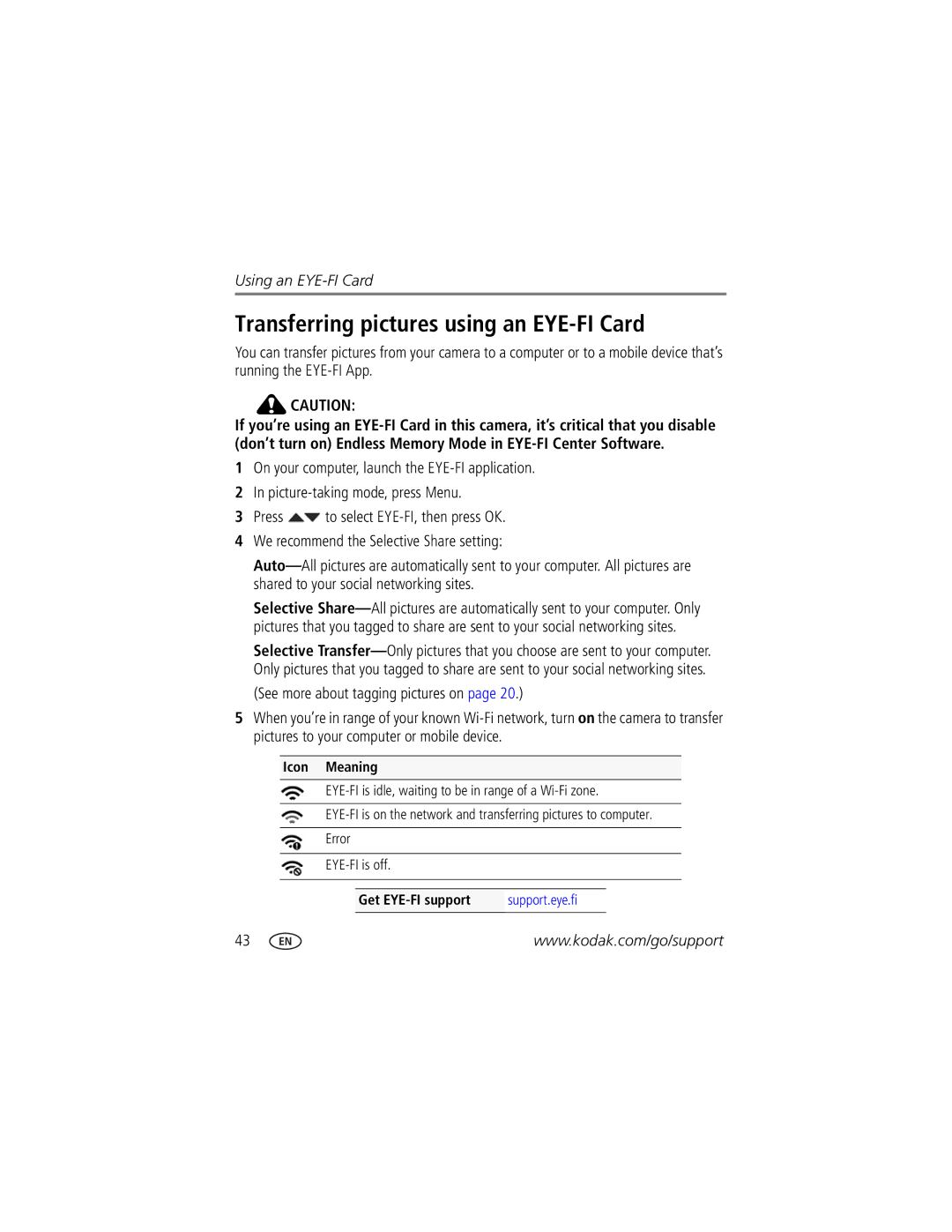 Kodak C135 manual Transferring pictures using an EYE-FI Card, Icon Meaning 