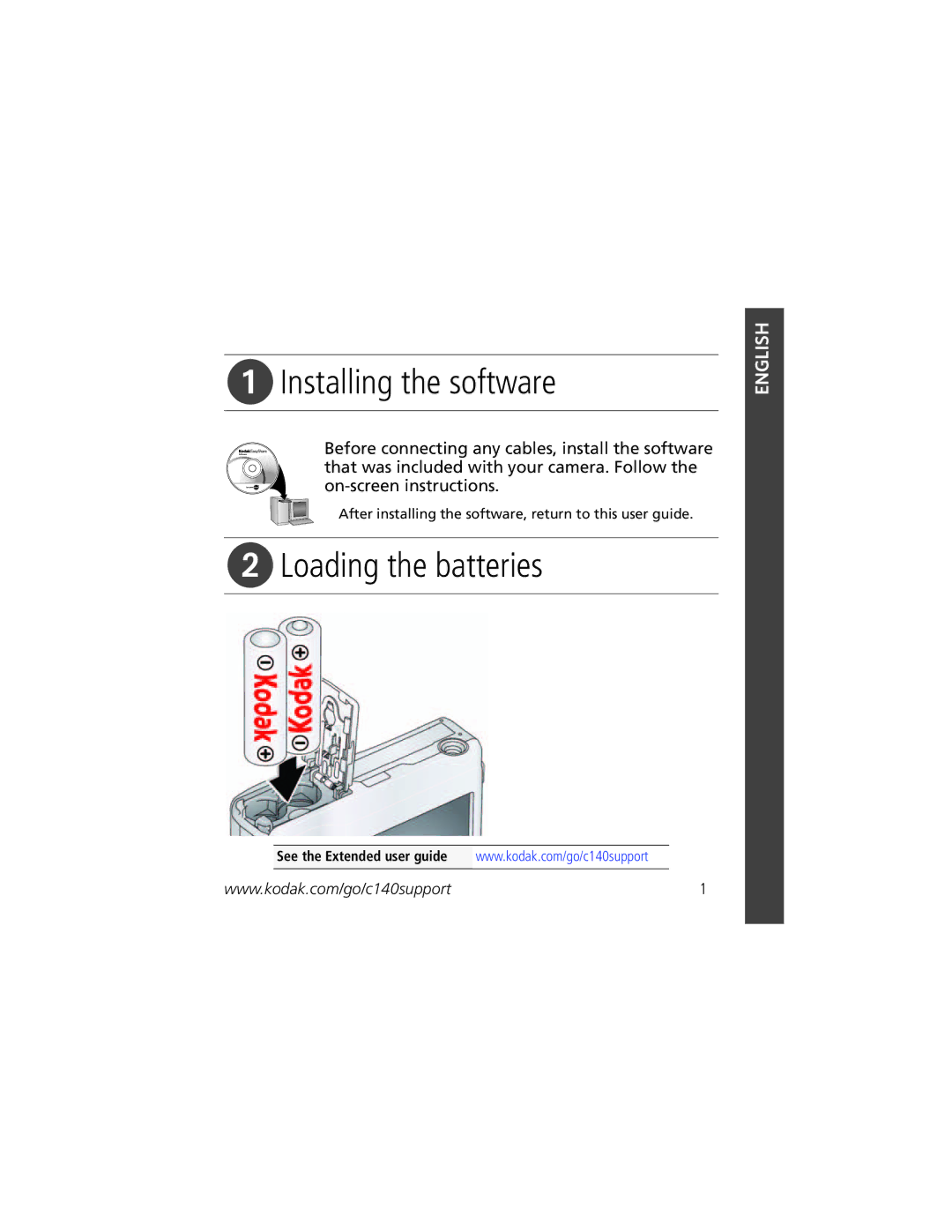 Kodak C140 manual Installing the software, Loading the batteries 