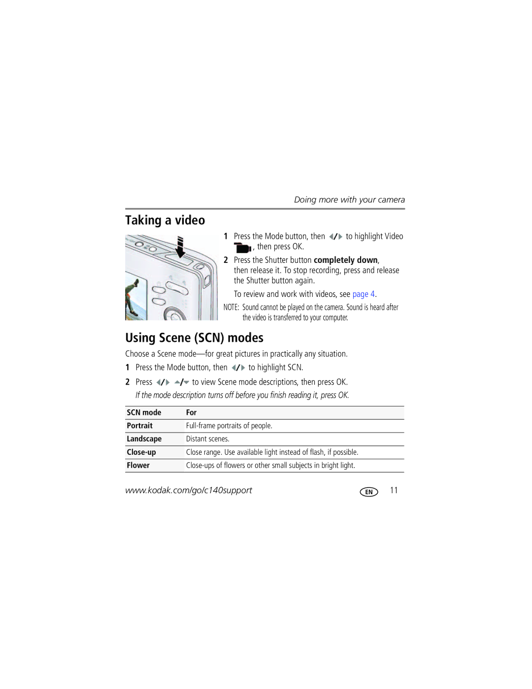 Kodak C140 manual Taking a video, Using Scene SCN modes 