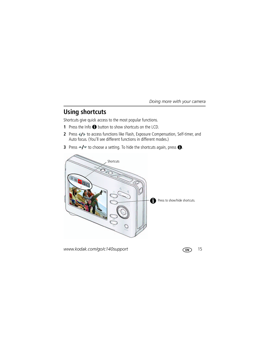 Kodak C140 manual Using shortcuts 