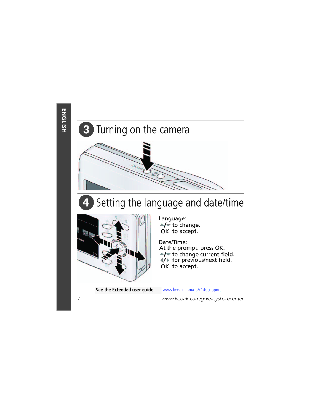 Kodak C140 manual Turning on the camera, Setting the language and date/time 