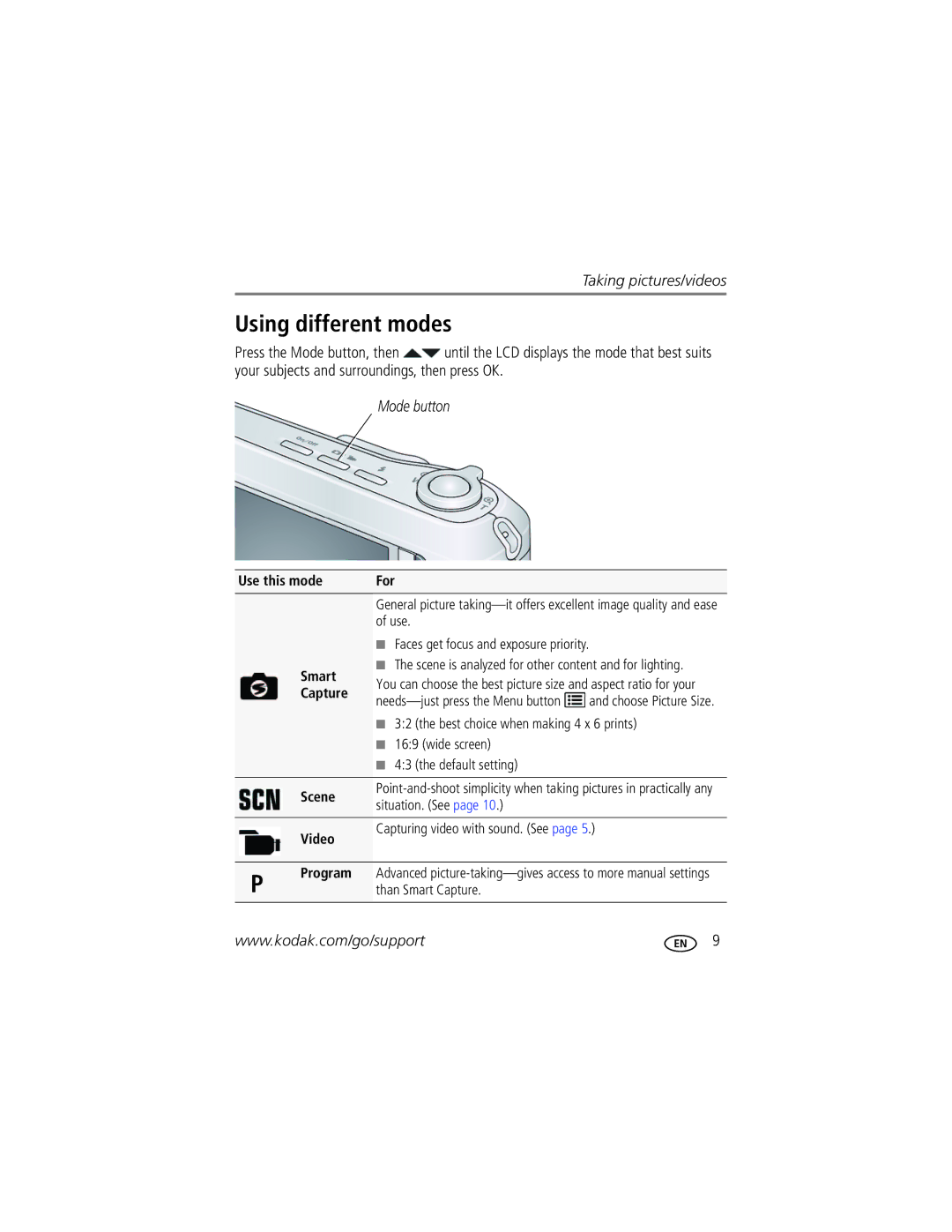 Kodak C1450 manual Using different modes, Use this mode For Smart Capture, Scene, Video, Program 