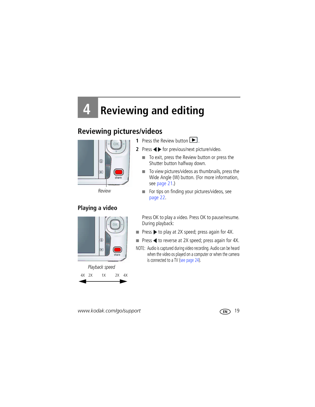 Kodak C1450 manual Reviewing pictures/videos, Playing a video, Press, Shutter button halfway down, During playback 