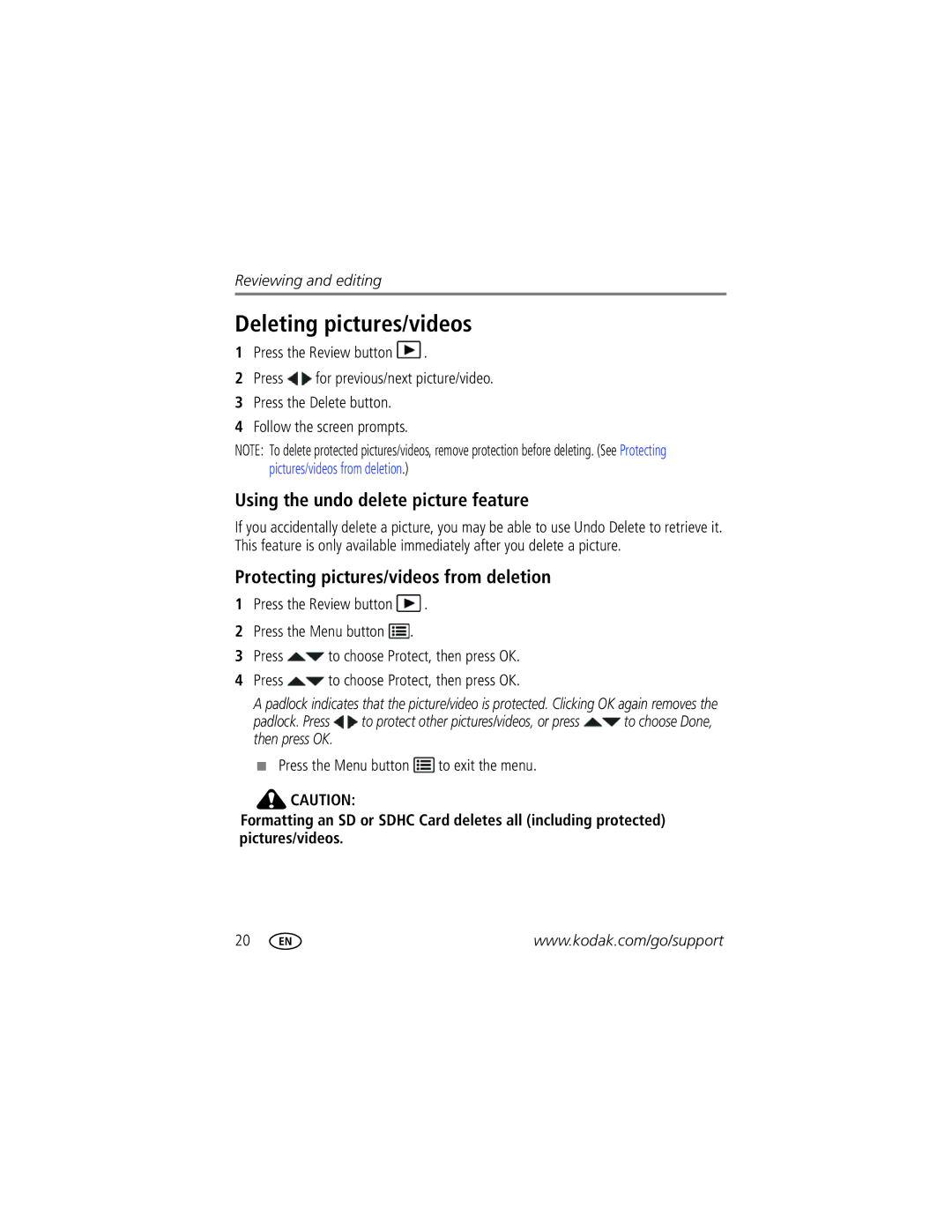 Kodak C1450 Deleting pictures/videos, Using the undo delete picture feature, Protecting pictures/videos from deletion 
