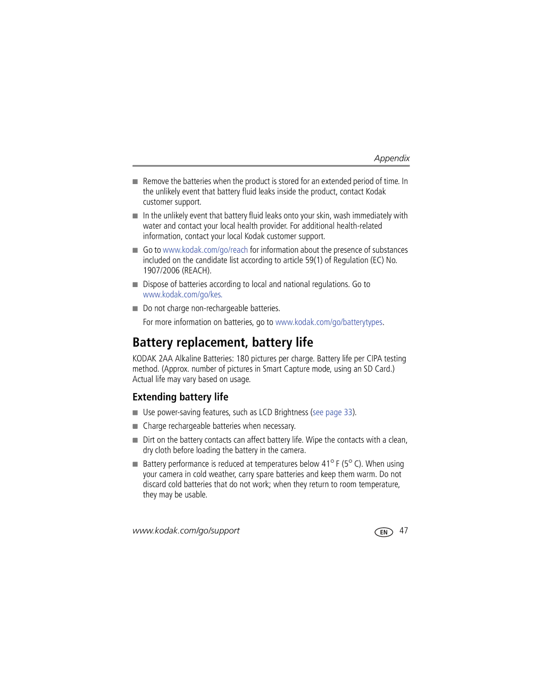 Kodak C1450 manual Battery replacement, battery life, Extending battery life, Do not charge non-rechargeable batteries 